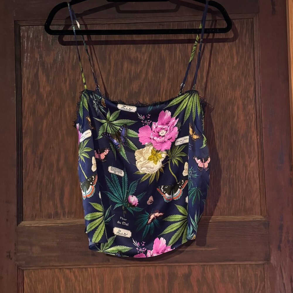 Fleur du Mal straight neck cami with lace trim - papillon indigo botanical print